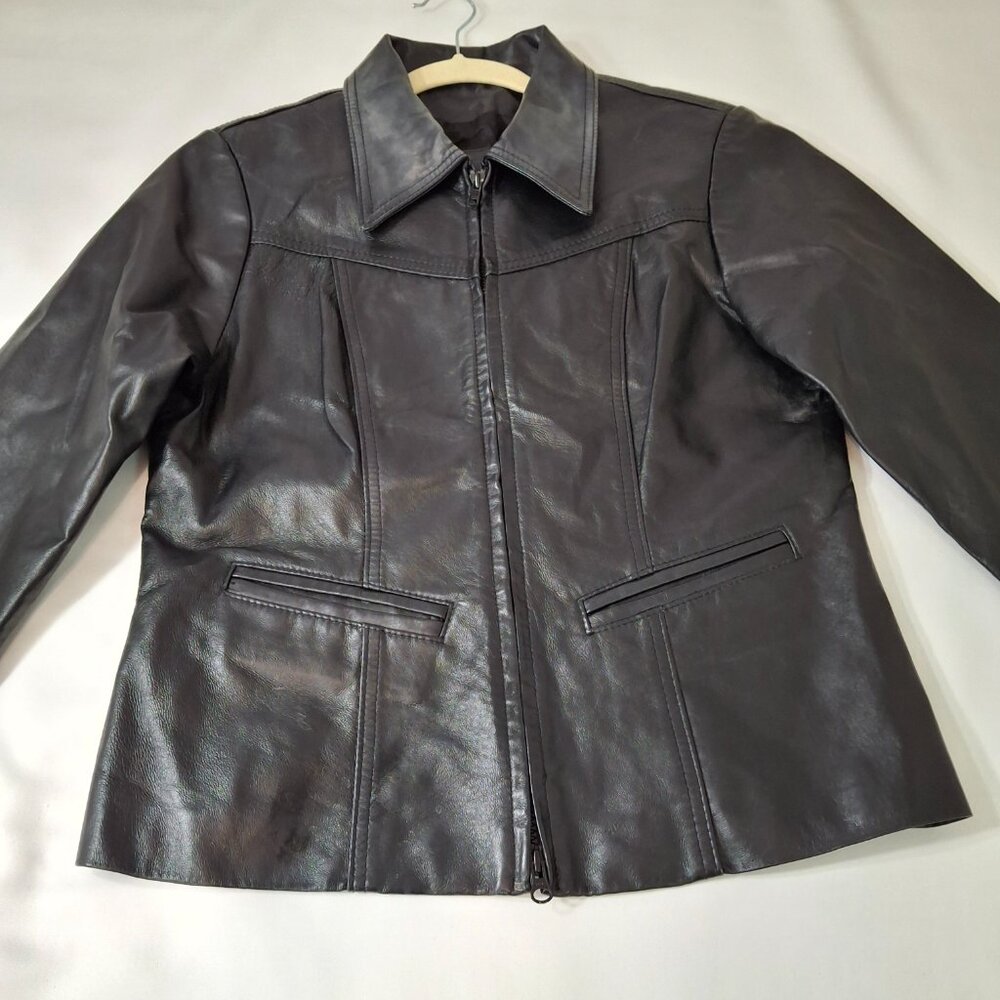 Vintage Sz M Women's Genuine Black Leather Jacket Leather Ranch Zip Up - Picture 8 of 11
